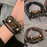 Daiiibabyyy  Handmade Hippie Design Brown Leather Bracelet Women Metal Star Note Charms Wood Button Beads Wrap Unisex Adjustable Bracelet