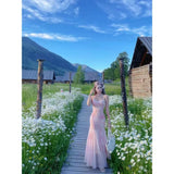 Daiiibabyyy  French Style Floral Print Off-Shoulder Long Dress Women's Slim Fit Sexy Mesh Skirt Summer New Arrival Elegant Lady Dress