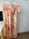 Daiiibabyyy  Women's Elegant Puff Sleeve Ruffles V Neck Floral Long Dress Lady Summer Short Sleeve Slim A Line Long Dress