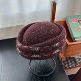 Daiiibabyyy  French Style Fair Isle Pattern Pillbox Hat Jacquard Elegant Fedora Hat Teardrop Fedoras Medicine Box Hat Masquerade Party