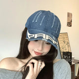 DAIIIBABYYY  -  New Washed Cotton Baseball Cap Unisex Hip Hop Street Sun Hat Outdoor Soft Top Distressed Letters Denim Peaked Cap