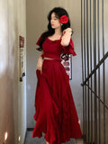 DAIIIBABYYY  -  New Drunken Wild Berry Red Dress Set Feminine Top Irregular Ruffled Edges Super Fairy Half Two-piece Set Women