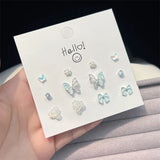 DAIIIBABYYY  -  Blue Pink Butterfly Bow Pearl Stud Earrings Set for Women Fish Tail Aurora Planet INS Korean Fashion Sweet Girls Earring Jewelry