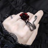 Daiiibabyyy  Retro Goth Style Red Rose Opening Rings for Women Punk Personality Crystal Flower Hollow Finger Ring Hip Hop Rock Party Jewelry
