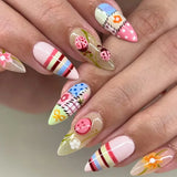 Daiiibabyyy  24pcs Vintage French Style Stripes Press On Nails Cartoon Ladybug Button Designs Coffin False Nails Blue Brown Plaid Fake Nail