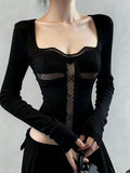 Daiiibabyyy  Vintage Gothic Cross Hollowed Out Long Sleeve Square Neck Top Women Autumn Winter Slimming T-Shirt Instagram