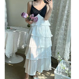 DAIIIBABYYY  -  Summer Mermaid Ji Flowing Contrast Color Spliced Sling Ruffled Cake Skirt Women's Sweet V-neck High Waist Vacation Long Skirt