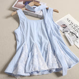 DAIIIBABYYY  -  French Style Neck Hanging Lace Patchwork Sleeveless Top Summer Outerwear Cinched Waist Sweet Youthful Doll Shirt Women