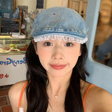 DAIIIBABYYY  -  Fashion Hot Diamond Bow Lace Edge Berets for Women Spring and Summer Casual Versatile Korean Version Retro Denim Forward Hat