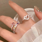 Daiiibabyyy  Y2K Pink Zircon Hollow Heart Rings for Women Minimalist Silver Color Opening Adjustable Ring Jewelry Wedding Gift