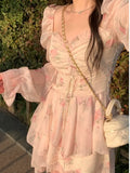 DAIIIBABYYY  -  Korean Print Ruffles Pink Mini Dress Slim Wasit Fairy Puff Sleeve Ball-Gown Square-Collar Vestidos 2025 Summer Chic New Clothes