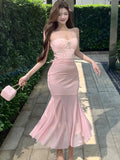 DAIIIBABYYY  -  Pink Mesh Embroidery Chic Diamon Luxury Dress Women Elegant Neck-mounted Long Dress Summer Korean Bodycon One Piece Dresses