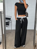 DAIIIBABYYY  -  Simple Straight-leg Casual Pants Loose and Slim Elastic Waist and Floor Trousers for Women