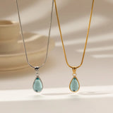 DAIIIBABYYY  -  Stainless Steel Water Drops Blue Crystal Necklace Women's Waterproof No Fading Clavicle Chain Snake Bone Titanium Steel Jewelry