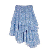 Daiiibabyyy  Streetwear Floral Midi Skirt Women Fashion Ruffles Asymmetrical Skirts Summer Ladies Elegant Korean Blue Design A Line Faldas