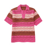 Daiiibabyyy Knit Hollow Out Colour Sweater Stripe Short Sleeve Lapel Female Pullover 2024 Summer Fashion Loose Streetwear Lady Jumper