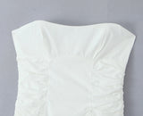 Daiiibabyyy  Sexy White Slash Collar Backless Midi Long Strapless Dress Women Pleated Folded Low Waist Pleated Ruched Hem Swing Party Robe