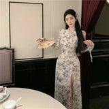 DAIIIBABYYY  -  Autumn Floral Mesh Long Sleeve Chic Bow Collar Long Dress Women Elegant Bodycon Slit Dress 2025 Korean Fashion Party Night Dress