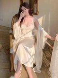 Daiiibabyyy Spring Silk Sexy Strap Dress Women Casual Korean Elegant Long Split Dress Court Retro Party Lace Dress Women Fashion V Neck