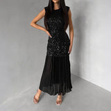 Daiiibabyyy  O-neck Sparkly Sequins Party Long Dress Women's Fashion Patchwork Waist Slim Maxi Dress Casual Sleeveless Birthday Evening Gowns