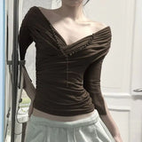Daiiibabyyy  Beaded Design Low Cut V-neck Pleated One Shoulder Split Half Sleeved Top Sexy Temperament Spicy Girl T-shirt