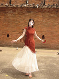 Daiiibabyyy  Red Tassel Qipao Dress Women's Beautiful Patchwork Fake Two-Piece Dress Breathable Short Sleeve Midi Dress Daily Wear