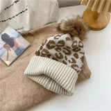 Daiiibabyyy  Trendy Thickened Leopard Print Hat Cozy Curled Edge Wool Ball Hat Warmth Knitted Hat Autumn Winter Outdoor Wear