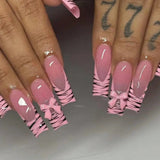 Daiiibabyyy  24Pcs Long Square Head Press on Nails Pink Leopard Print French Design False Nails 3D Bow Detachable Full Cover Fake Nails Tips