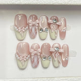 Daiiibabyyy  10pcs Diamond Design Handmade Nails Summer Green Short Almond Press on Nails Tips Cat's Eye Oval False Nail Art French Fake Nail