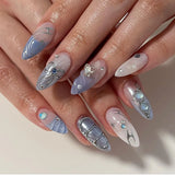 Daiiibabyyy  24Pcs Mid-length Almond Press on Fake Nails Blue Pink Gradient Butterfly False Nails Heart Gilded Silver Reusable Manicure Tips