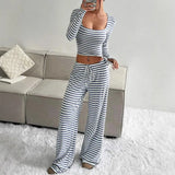 DAIIIBABYYY  -  Casual Simple Striped Long Sleeved Top and Pants Set Women's Two-piece Set
