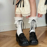 DAIIIBABYYY  -  Sweet Lace Cotton Mid-calf Socks Japanese Lolita Bow Ribbon Lolita Women Short Socks Drawstring JK Cosplay Accessories