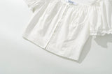 Daiiibabyyy  Sexy White U Collar Metal Hook Buttons Short Puff Sleeve Shirt Women Tie Bow Shoulder Center Slim Crop Tops Black