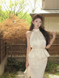 Daiiibabyyy  French Style Satin Halter Cami Top Women Summer High Waist Mermaid Skirt Set Sleeveless Elegant Two Piece Outfit high quality