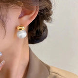 Daiiibabyyy  French Simple Oval Geometric Metal Bean Pearl Stud Earrings Women Temperament Jewelry For Party and Daily Wearing