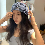 Daiiibabyyy  Women's Hats Y2k Caps Haze Blue Korean  Version Hand Crocheted And Hollowed Out Flower Shaped Cap Pile Pile Cap Sweet Cool Cap