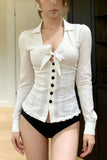 Daiiibabyyy  New Pure Desire Sexy Polka Dot Printed Bow Tie Button Down Shirt Casual Slimming Long Sleeved Top Women