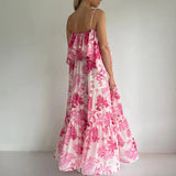 Daiiibabyyy  Sexy Off Sholder Waistband Vacation Dress Floral Print Elegant Bohemian Long Dress Women Casual Sleeveless Pleated Maxi Dresses