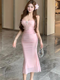 DAIIIBABYYY  -  Women Pink Mesh Patchwork Jacquard Diamonds Sling Long Dress Summer Elegant Casual Holiday Dress 2025 Korean Bodycon Party Dress