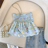DAIIIBABYYY  -  Summer New Sweet Floral Breast Wrap Top Tee Femme Fashion Sexy Pleated Printing Slim Crop Top Women Clothing Trend Tunic
