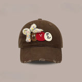 DAIIIBABYYY  -  Korean Niche Retro Rough Edge Cartoon Labeling Design Bow Baseball Cap Men and Women Wide Brim Soft Top Adjustable Sports Hat