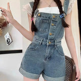 Daiiibabyyy  Women's Clothing Fashion Button Demin Overalls Pockets Spliced Summer New Vintage Straight Basic Wide Leg Rolled Edge Jumpsuits