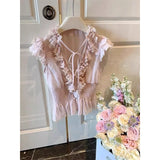 Daiiibabyyy  Kawaii Pink Shirts Women Cutecore Cropped Ruffles Chiffon Blouses Summer Ladies Fashion Korean Lace Up Flying Sleeve Tops