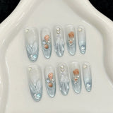 Daiiibabyyy  10pcs Handmade Press On Nails 3D Fish Tail Decor Almond False Nails Crystal Gradient Blue Cat's Eye Flash French Fake Nail Tips