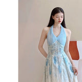 DAIIIBABYYY  -  Blue Neck Cinched Waist Slimming Floral Dress Women Summer New Style Fresh Sweet Super Fairy Temperament Long Dresses