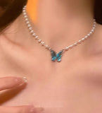 DAIIIBABYYY  -  Y2K Glass Butterfly Pendant Pearl Beads Necklace for Women Korean Fashion Kpop Rhinestone Clavicle Choker Jewelry