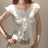 Daiiibabyyy  White Slim Korean Artistic Cute Milk Top Women Summer Contrasting Color Splicing Fake 2 Piece Floral Short Sleeve Shirt