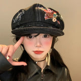 DAIIIBABYYY  -  Personalized Star Button Patch Design Denim Berets for Women Spring and Summer New Retro Punk Style Octagonal Newsboy Hat Y2K