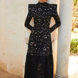 DAIIIBABYYY  -  Elegant Hollow Out Lace Maxi White Dress Women's Fashion Mock Neck Long Sleeved Shoulder Padded Robe Evening Females Wear