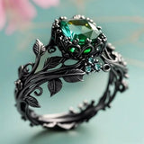 Daiiibabyyy  Inlaid Design Leaf Flower Ring Fade-Resistant with Green Stone Finger Decoration Daily Wear Individual Ins Style